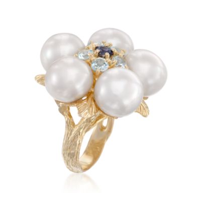 10.5-11mm Pearl and 1.60 ct. t.w. Multi-Gemstone Flower Ring in 18kt Over Sterling &mdash; Alt Image 3