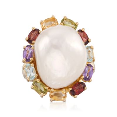 Baroque Pearl and Multi-Gemstone Ring in 14kt Over Sterling &mdash; Alt Image 1
