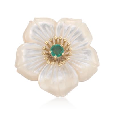 Mother-Of-Pearl and  .20 Carat Emerald Hibiscus Ring in 14kt Over Sterling &mdash; Alt Image 1