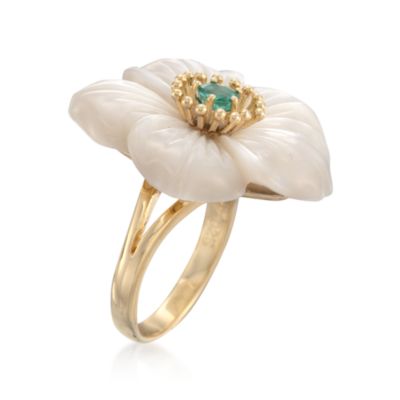 Mother-Of-Pearl and  .20 Carat Emerald Hibiscus Ring in 14kt Over Sterling &mdash; Alt Image 3