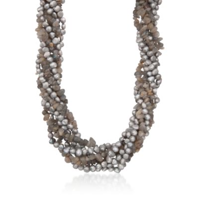 Gray Pearl and Labradorite Torsade Necklace in Sterling Silver. 18" &mdash; Alt Image 1