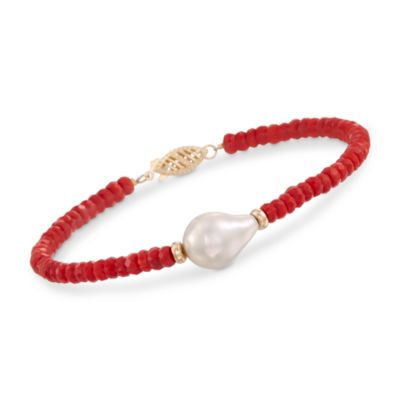 4.5-5mm Baroque Pearl and Red Coral Bead Bracelet in 14kt Yellow Gold. 7.25" &mdash; Alt Image 1
