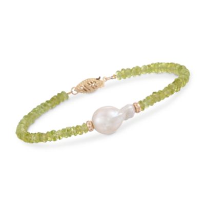 4.5-5mm Baroque Pearl and 17.00 ct. t.w. Peridot Bead Bracelet in 14kt Yellow Gold. 7.25" &mdash; Alt Image 1