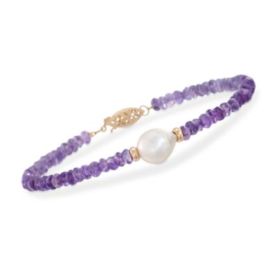 10-11mm Pearl and Amethyst Bead Bracelet in 14kt Yellow Gold. 7.25" &mdash; Alt Image 1