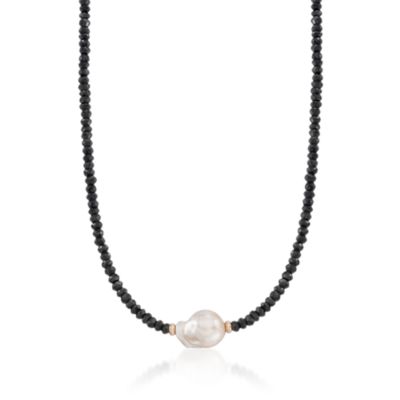 Black Spinel and 12-13mm Baroque Pearl Necklace in 14kt Yellow Gold &mdash; Alt Image 1