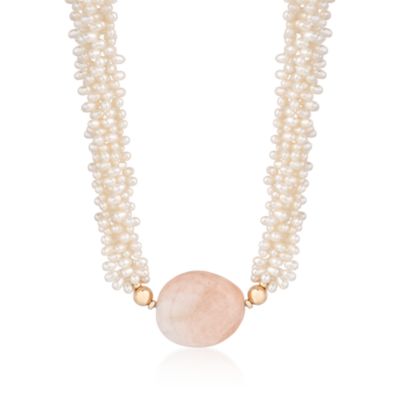 Pearl and Morganite Multi-Strand Necklace in 14kt Yellow Gold. 18" &mdash; Alt Image 1