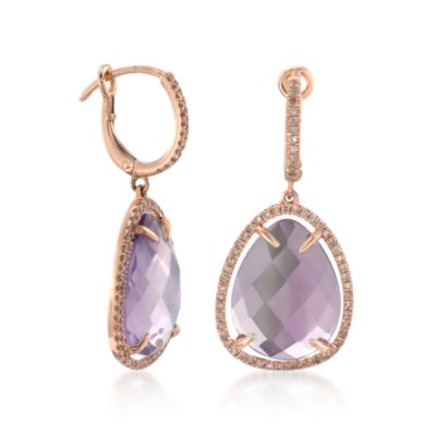 9.75 ct. t.w. Rose De France Amethyst and .56 ct. t.w. Diamond Drop Earrings in 14kt Rose Gold &mdash; Alt Image 3