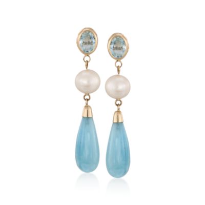 Aquamarine and Pearl Earrings in 14kt Yellow Gold &mdash; Alt Image 1