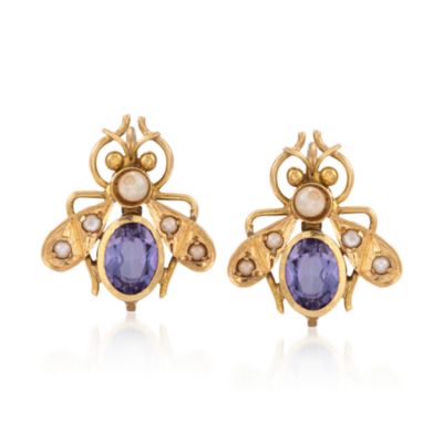C. 1960 Vintage Faux Amethyst and Pearl Bee Earrings in 14kt Yellow Gold &mdash; Alt Image 1