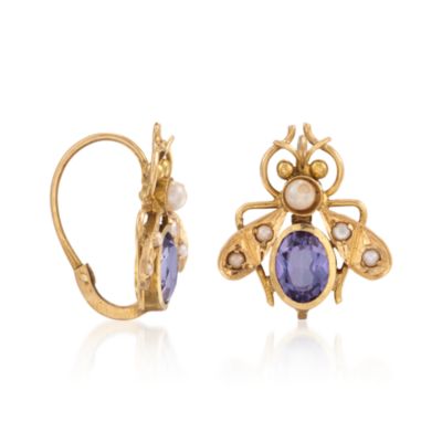 C. 1960 Vintage Faux Amethyst and Pearl Bee Earrings in 14kt Yellow Gold &mdash; Alt Image 3