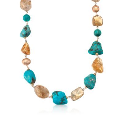 Turquoise and 35.00 ct. t.w. Citrine Necklace With Pearls in 18kt Over Sterling. 20" &mdash; Alt Image 1