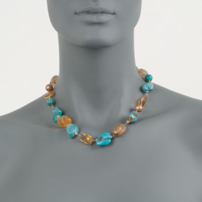 Turquoise and 35.00 ct. t.w. Citrine Necklace With Pearls in 18kt Over Sterling. 20" &mdash; Alt Image 2
