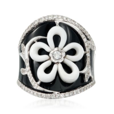 White Agate and Black Onyx Flower Ring With .60 ct. t.w. Diamonds in 18kt Yellow Gold &mdash; Alt Image 1