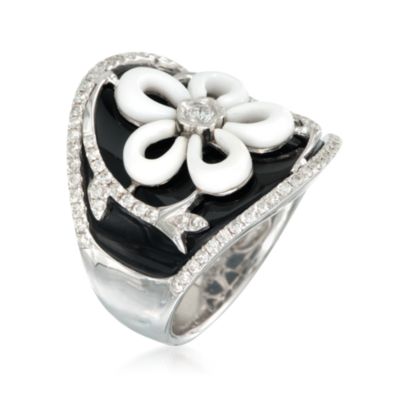 White Agate and Black Onyx Flower Ring With .60 ct. t.w. Diamonds in 18kt Yellow Gold &mdash; Alt Image 3