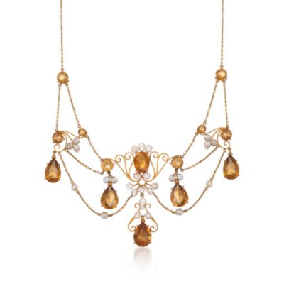 C. 1980 Vintage 20.05 ct. t.w. Citrine Necklace With Pearls in 14kt Yellow Gold. 16.5" &mdash; Alt Image 1