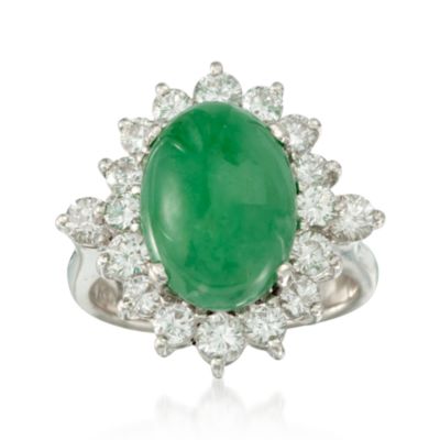 C. 1990 Vintage Green Jade and 1.50 ct. t.w. Diamond Ring in 14kt White Gold. Size 6.75 &mdash; Alt Image 1