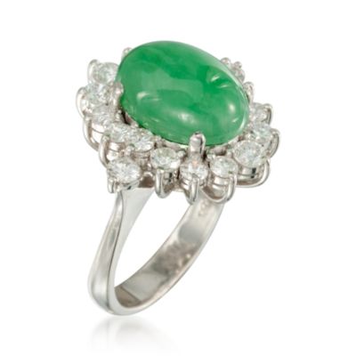 C. 1990 Vintage Green Jade and 1.50 ct. t.w. Diamond Ring in 14kt White Gold. Size 6.75 &mdash; Alt Image 3