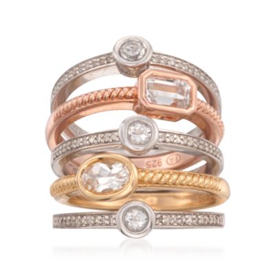 Set of Five 1.50 ct. t.w. White Topaz and .20 ct. t.w. Diamond Rings in Sterling Silver Tri-Tone &mdash; Alt Image 1