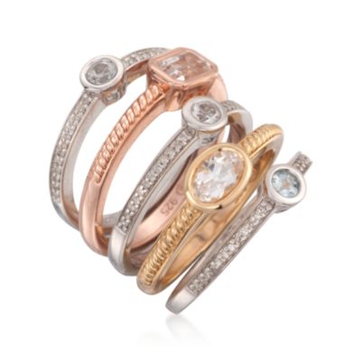 Set of Five 1.50 ct. t.w. White Topaz and .20 ct. t.w. Diamond Rings in Sterling Silver Tri-Tone &mdash; Alt Image 3