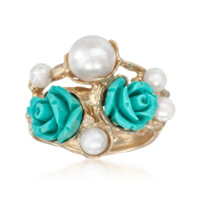 4-7mm Pearl and Composed Turquoise Roses Ring in 24kt Over Sterling &mdash; Alt Image 1