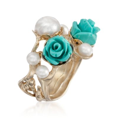 4-7mm Pearl and Composed Turquoise Roses Ring in 24kt Over Sterling &mdash; Alt Image 3