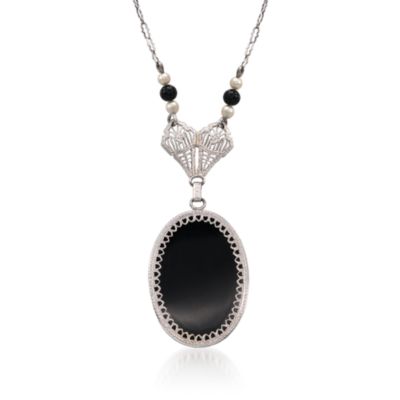 C. 1950 Vintage Obsidian Pendant Necklace in 14kt White Gold. 17.25" &mdash; Alt Image 1