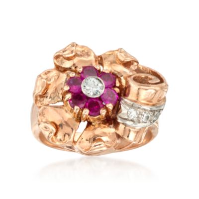 C. 1940 Vintage Faux Ruby and .12 ct. t.w. Diamond Ring in 14kt Rose Gold. Size 5.5 &mdash; Alt Image 1