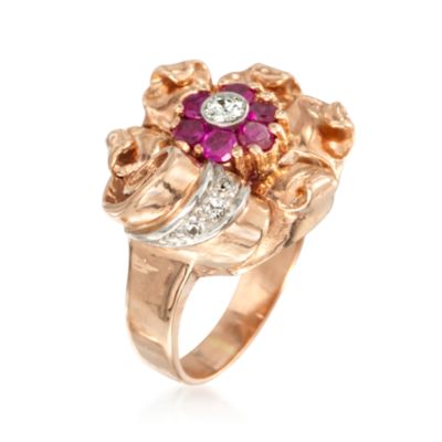C. 1940 Vintage Faux Ruby and .12 ct. t.w. Diamond Ring in 14kt Rose Gold. Size 5.5 &mdash; Alt Image 3