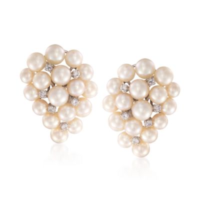 C. 1950 Vintage 7x5mm Pearl and Diamond Earrings in 14kt White Gold &mdash; Alt Image 1