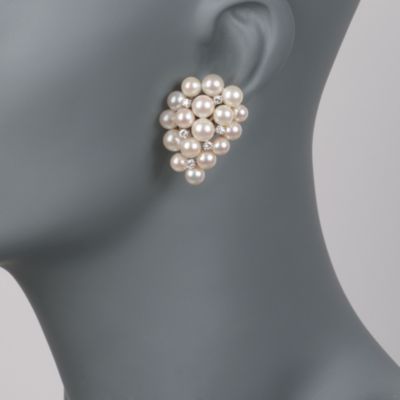 C. 1950 Vintage 7x5mm Pearl and Diamond Earrings in 14kt White Gold &mdash; Alt Image 2