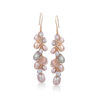 Pearl and Rose Quartz Cluster Earrings in 14kt Yellow Gold &mdash; Alt Image 1