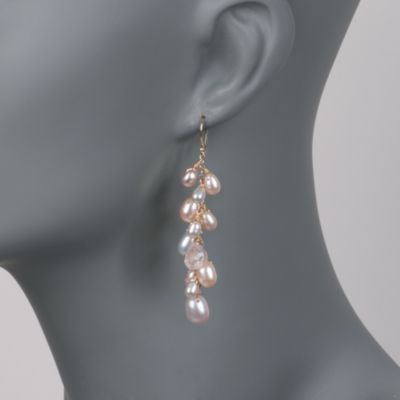 Pearl and Rose Quartz Cluster Earrings in 14kt Yellow Gold &mdash; Alt Image 2