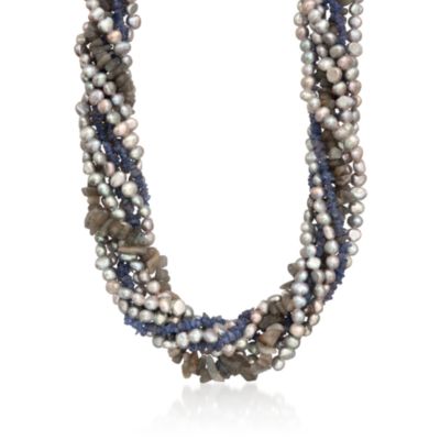 Gray Cultured Pearl, Labradorite and Tanzanite Torsade Necklace in Sterling Silver. 18" &mdash; Alt Image 1