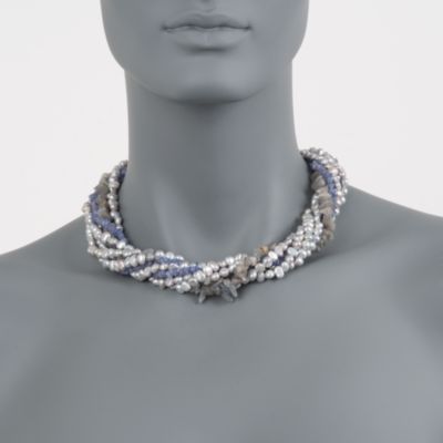 Gray Cultured Pearl, Labradorite and Tanzanite Torsade Necklace in Sterling Silver. 18" &mdash; Alt Image 2