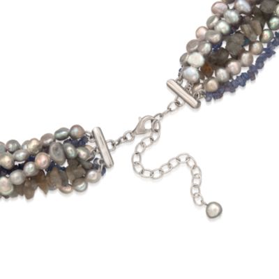 Gray Cultured Pearl, Labradorite and Tanzanite Torsade Necklace in Sterling Silver. 18" &mdash; Alt Image 3