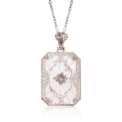 C. 1950 Vintage Rock Crystal and Diamond Accent Pendant Necklace In 14kt White Gold. 15" &mdash; Alt Image 1