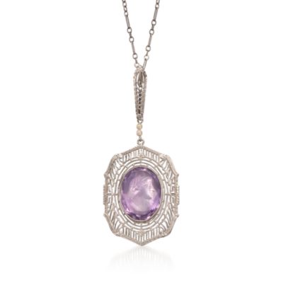 C. 1950 Vintage 7.85 Carat Amethyst and  Pearl Necklace in 14kt White Gold. 14.5" &mdash; Alt Image 1