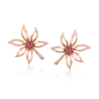 C. 1950 Vintage .33 ct. t.w. Flower Ruby Earrings in 14kt Rose Gold &mdash; Alt Image 1