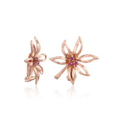 C. 1950 Vintage .33 ct. t.w. Flower Ruby Earrings in 14kt Rose Gold &mdash; Alt Image 3