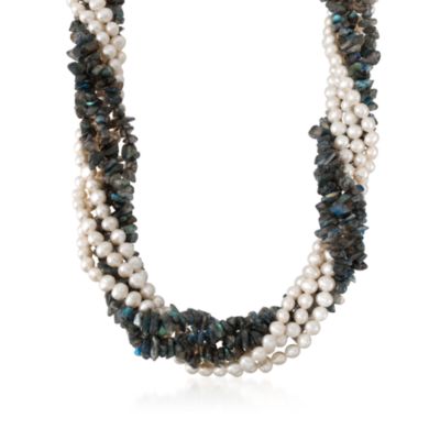 Pearl and Labradorite Torsade Necklace in 14kt Yellow Gold &mdash; Alt Image 1