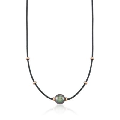 10-11mm Black Tahitian Pearl Black Leather Cord in 14kt Yellow Gold. 18" &mdash; Alt Image 1