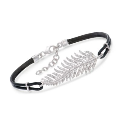 Black Leather and .25 ct. t.w. Diamond Feather Bracelet in Sterling Silver &mdash; Alt Image 1