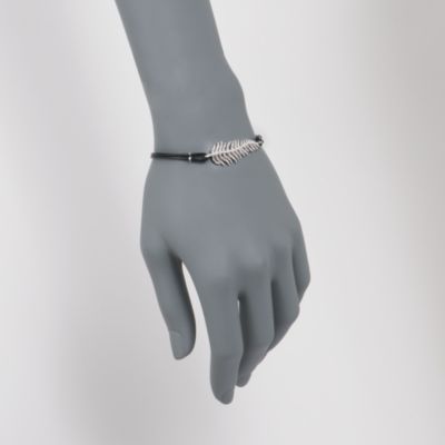 Black Leather and .25 ct. t.w. Diamond Feather Bracelet in Sterling Silver &mdash; Alt Image 2