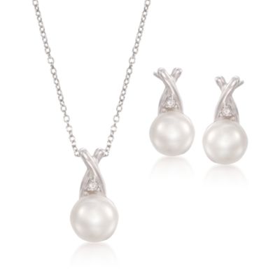 Pearl and .10 ct. t.w. CZ Necklace and Earring Set in Sterling Silver &mdash; Alt Image 1