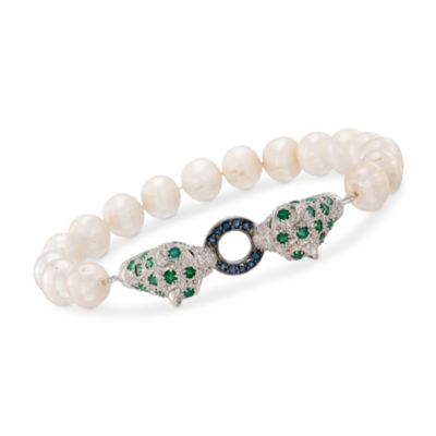 9-9.5mm Pearl and 1.40 ct. t.w. Multi-Gemstone Panther Bracelet in Sterling Silver &mdash; Alt Image 1
