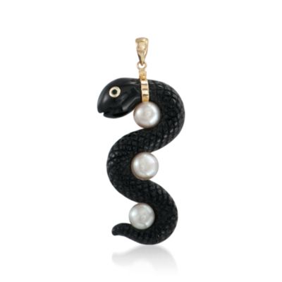 Carved Black Agate and Pearl Snake Pendant in 14kt Yellow Gold &mdash; Alt Image 1