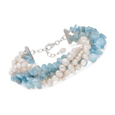 5-6mm Pearl and Aquamarine Multi-Strand Bracelet in Sterling Silver. 8" &mdash; Alt Image 1