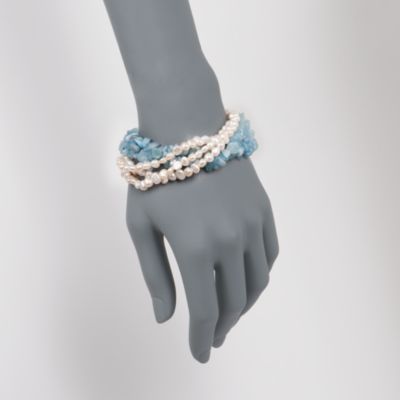 5-6mm Pearl and Aquamarine Multi-Strand Bracelet in Sterling Silver. 8" &mdash; Alt Image 2