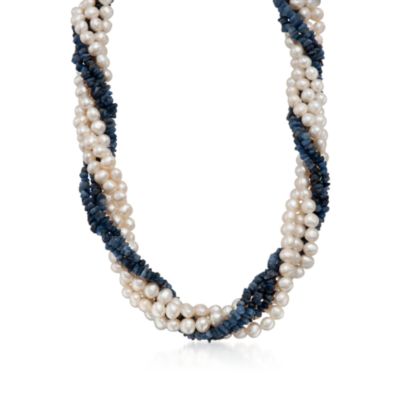 Pearl and Sapphire Torsade Necklace in 14kt Yellow Gold. 16" &mdash; Alt Image 1