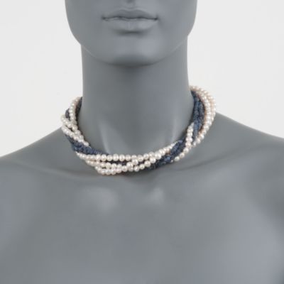 Pearl and Sapphire Torsade Necklace in 14kt Yellow Gold. 16" &mdash; Alt Image 2